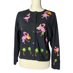 Black Cardigan Sweater with Embroidered Fun Flamingoes Size Medium